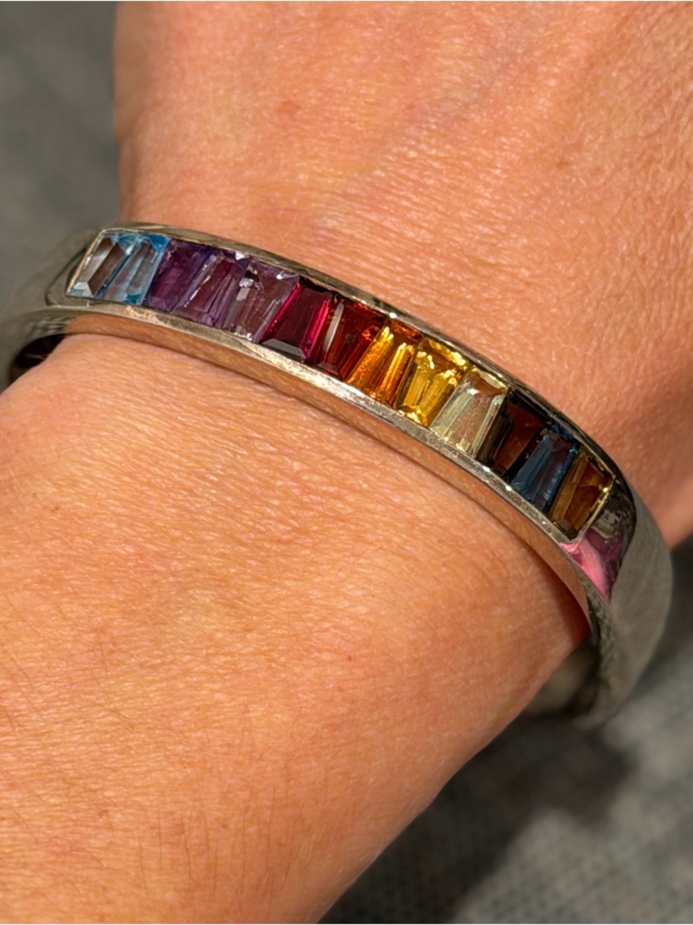 QVC Multicolor Baguette Crystal 925 Stamp Silver Bangle Bracelet NWOT 🌈 - Picture 2 of 7